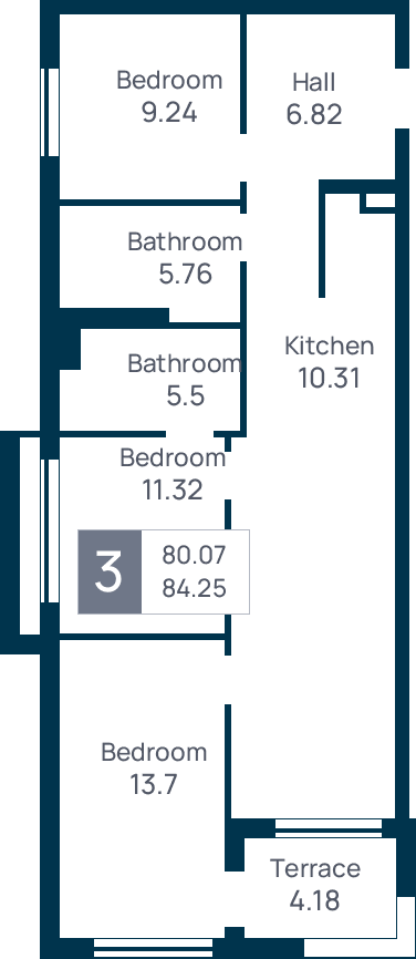 3 room apartment, №1, floor 0
