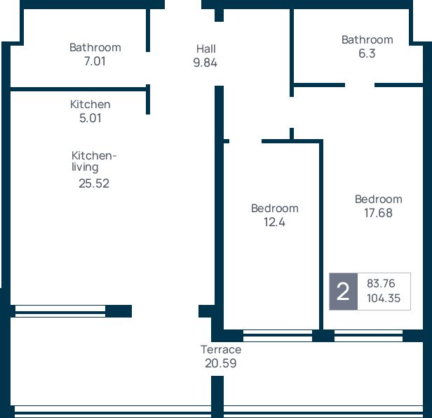 2 room apartment, №32, floor 5