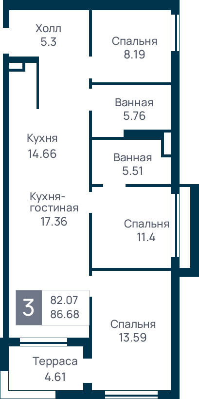 3 комнатная квартира, №30