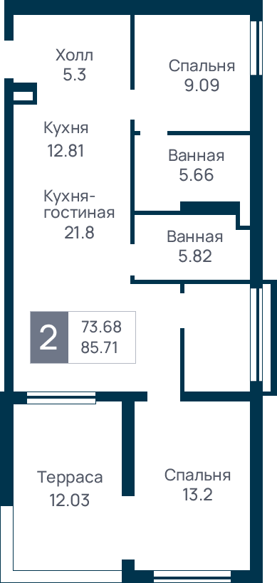 2 комнатная квартира, №38